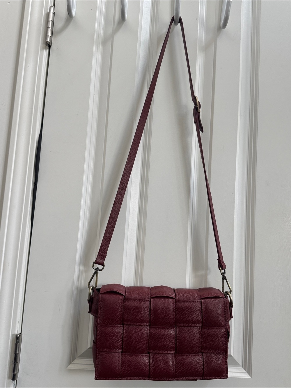 Italian Leather Woven Crossbody Bag in Burgundy